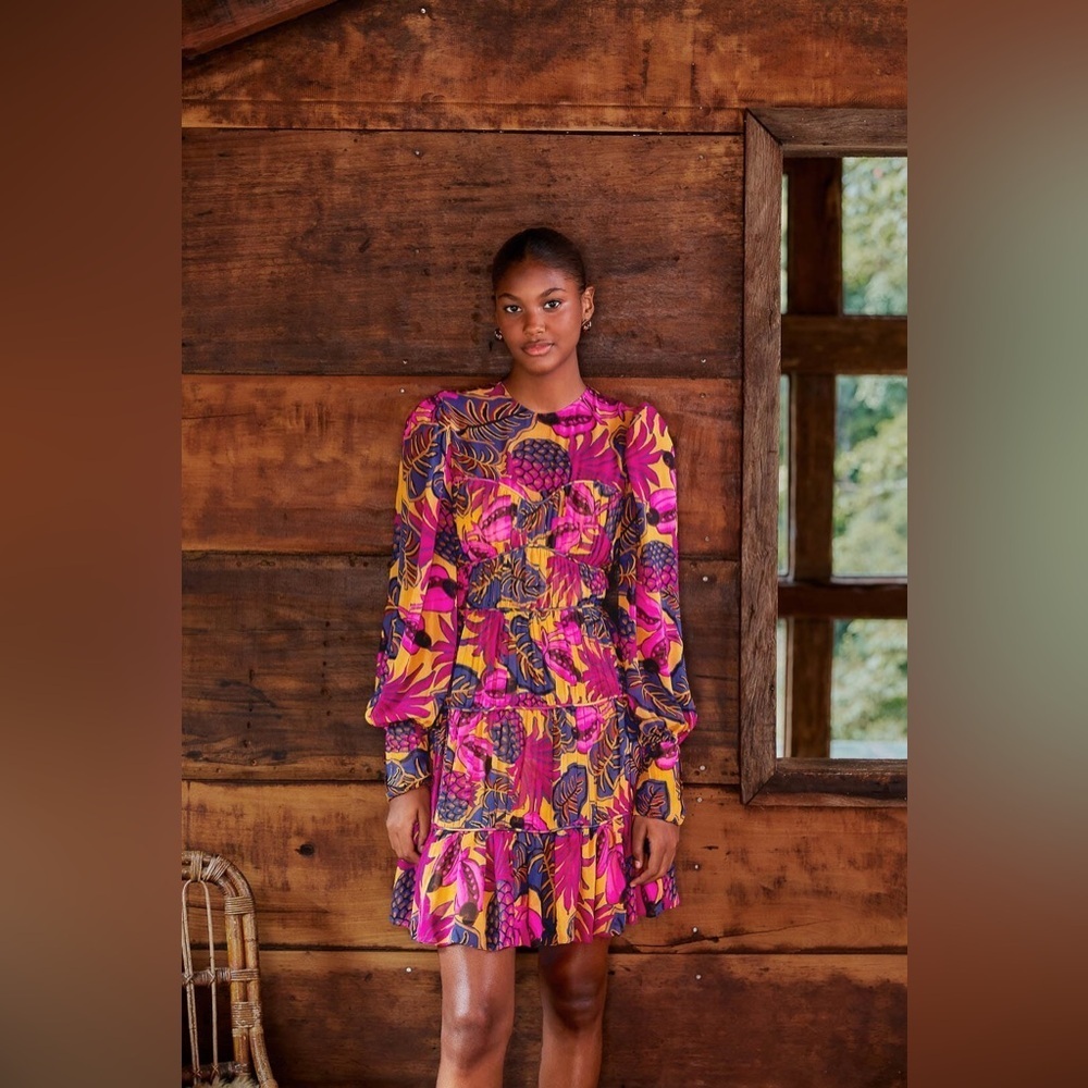 FARM RIO FRUIT DREAM YELLOW LONG SLEEVE MINI DRESS - Picture 1 of 13